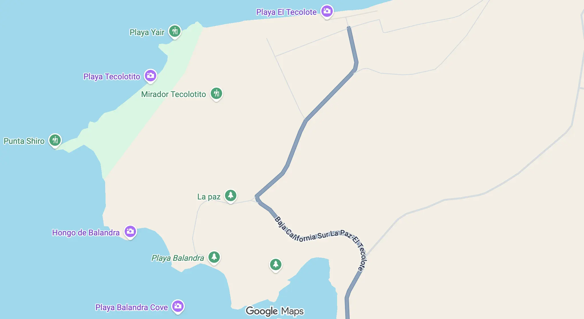 Map showing Playa Balandra, Punta Shiro, Mirador Tecolotito, and Playa El Tecolote on the La Paz peninsula